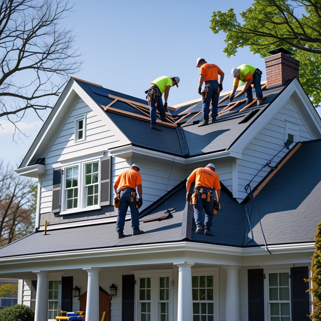 Professional roofing crew installing quality shingles on residential property